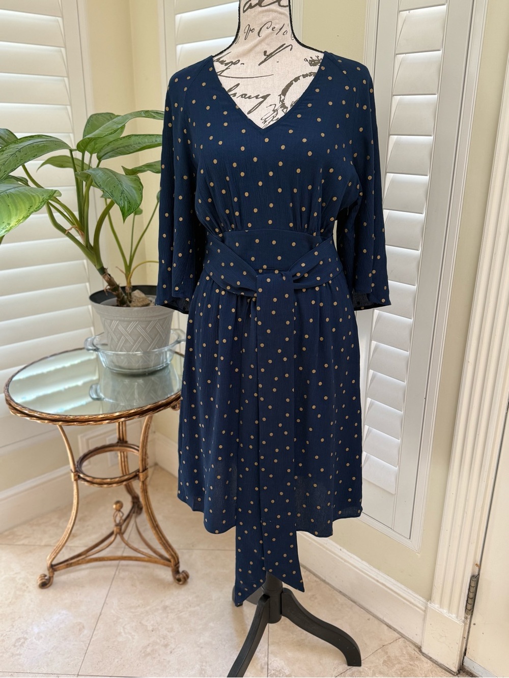 Boden Navy Gold Polka Dot Dress Size 2 Wrap Style Midi